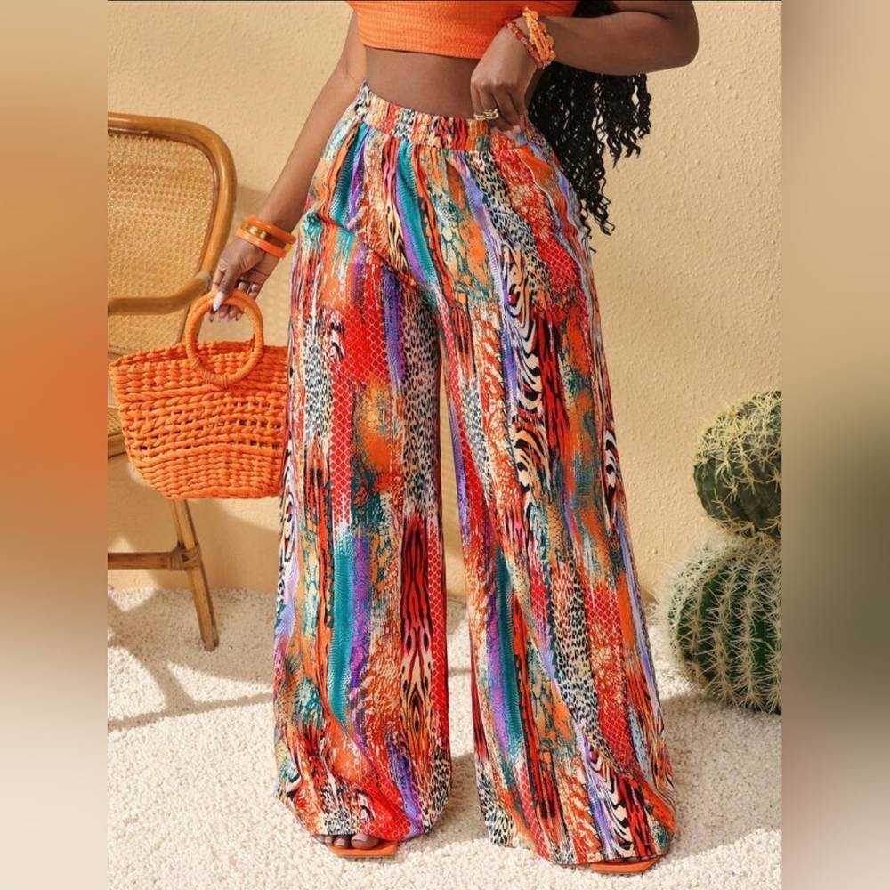 Ladies Vibrant Multicolor Wide-Leg Pants Sz Large